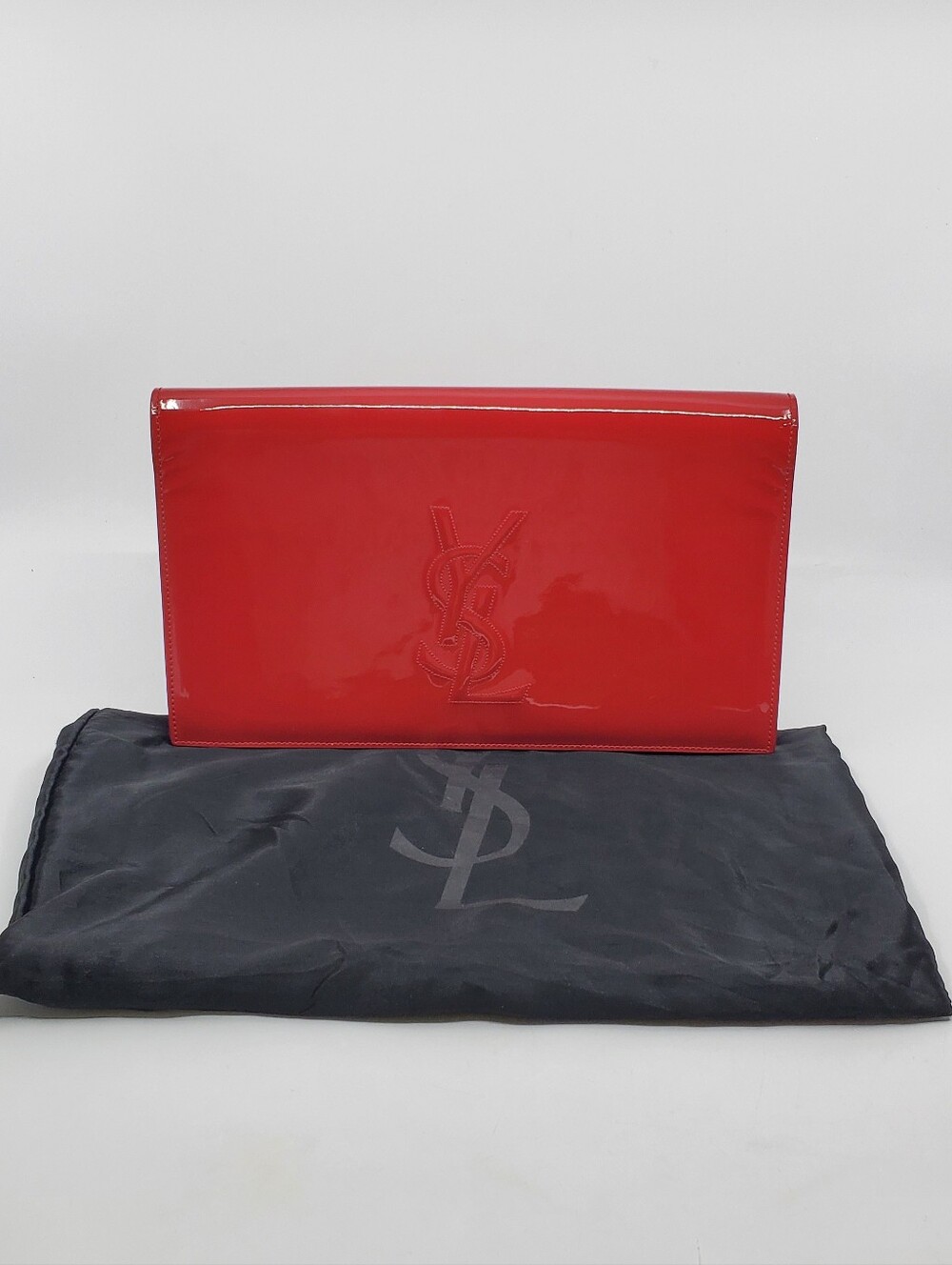 YSL Textured Patent Monogram Large Belle De Jour Clutch Red